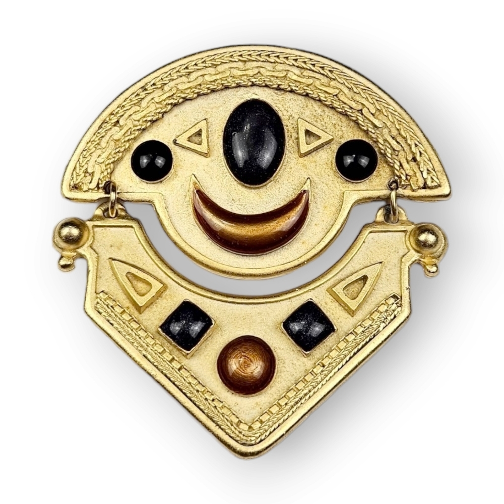 Vintage Clown Face Brooch 80s Brushed Gold Plate Enamel Geometric Large 2 3/8"